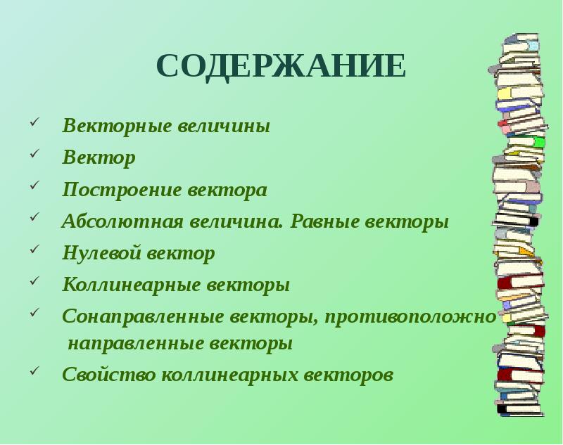СОДЕРЖАНИЕ Векторные величины Вектор Построение вектора Абсолютная величина. Равные векторы 
