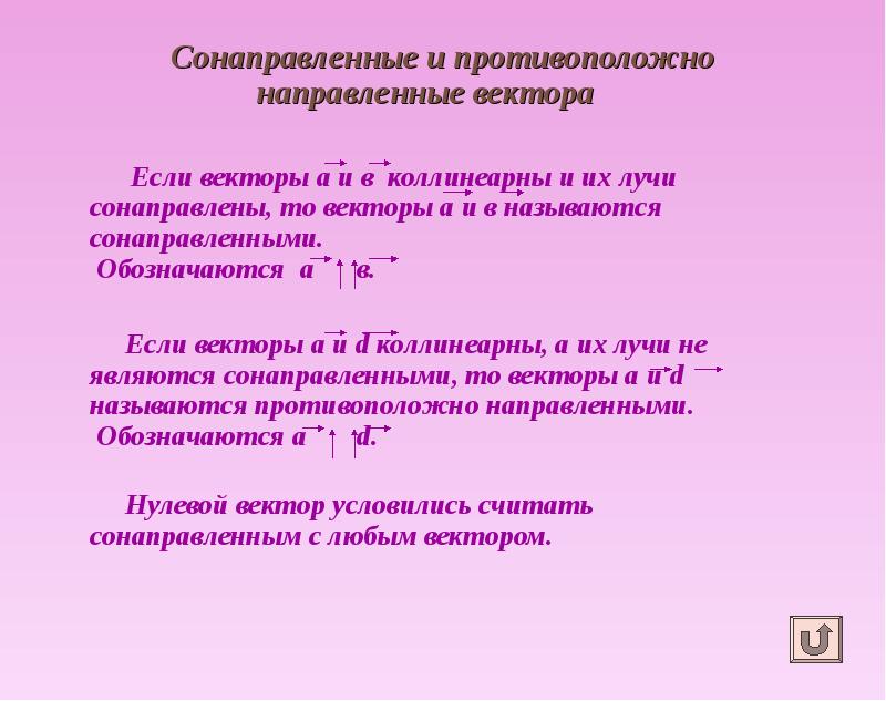 Сонаправленные и противоположно направленные вектора Сонаправленные и противоположно направленные вектора 