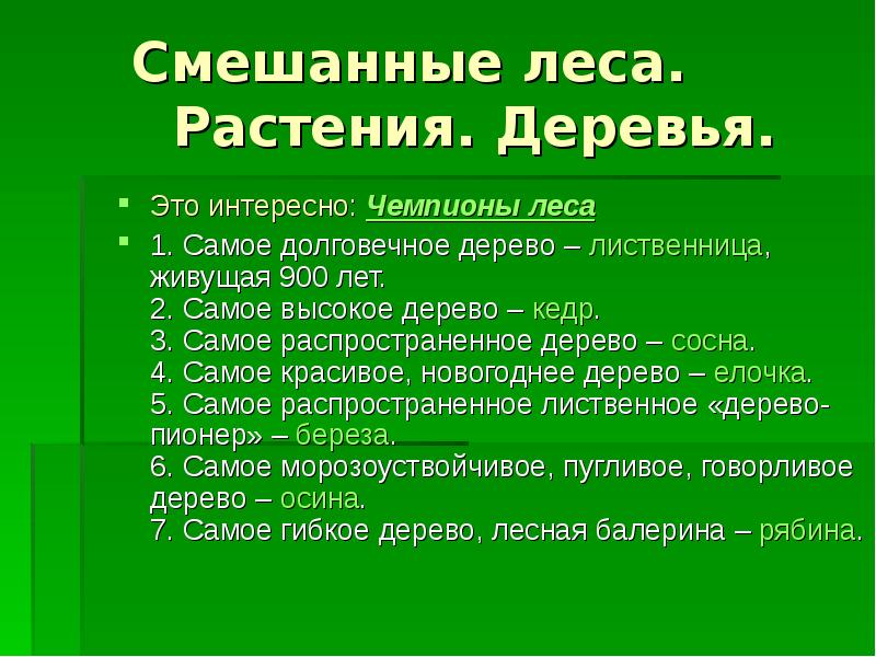 Описание смешанных и широколиственных лесов по плану