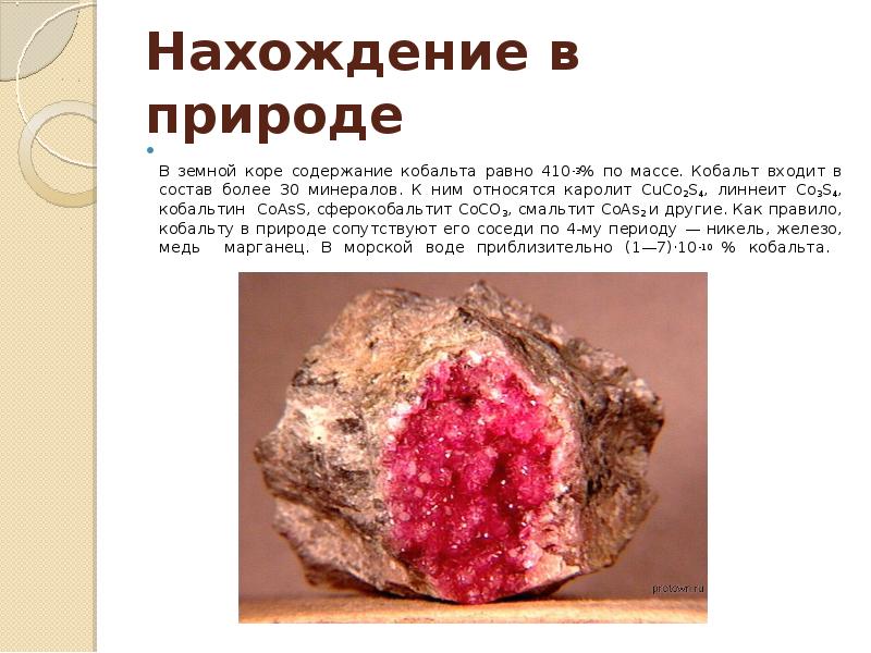 Нахождение в природе
В земной коре содержание кобальта равно 410-3% Нахождение в природе
В земной коре содержание кобальта равно 410-3%