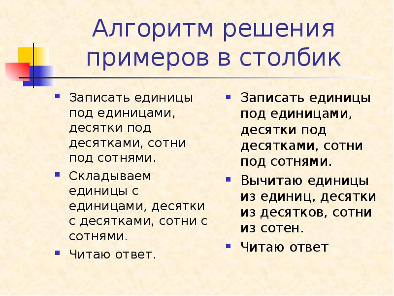 Единица алгоритм. Алгоритм решения примеров. Алгоритм решения в столбик. Алгоритм решения примеров в начальной школе. Алгоритм решения примеров по действиям 2 класс.