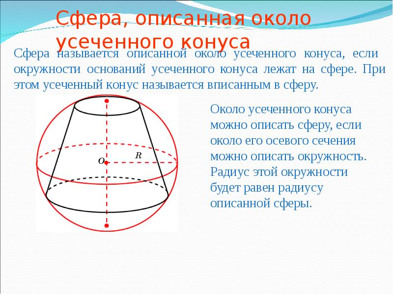 Около шара радиуса. Усечённый конус описан около шара. Радиус вписанного шара в усечённый конус. Радиус описанного шара вокруг усеченного конуса. Комбинации сферы и усеченного конуса.