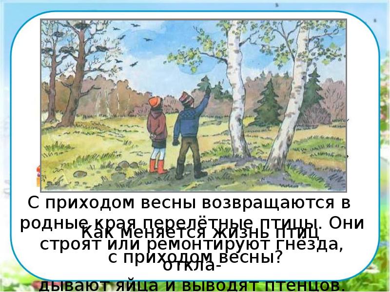 Работа в парах.
Как меняется жизнь птиц
с приходом весны? Работа в парах.
Как меняется жизнь птиц
с приходом весны?