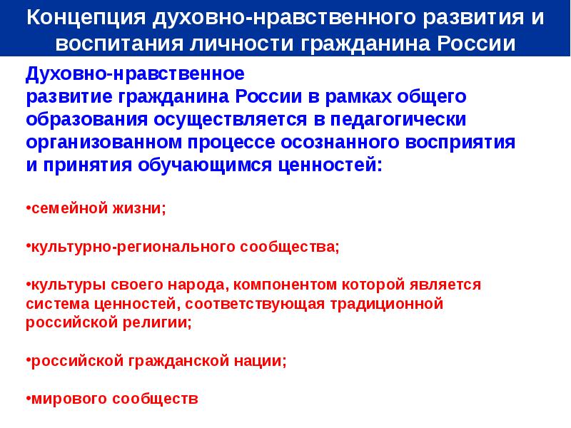 Концепция духовного образования. Ценности культурно-регионального сообщества. Виды нравственного развития. Духовное развитие России. Образования осуществляется в интересах:.