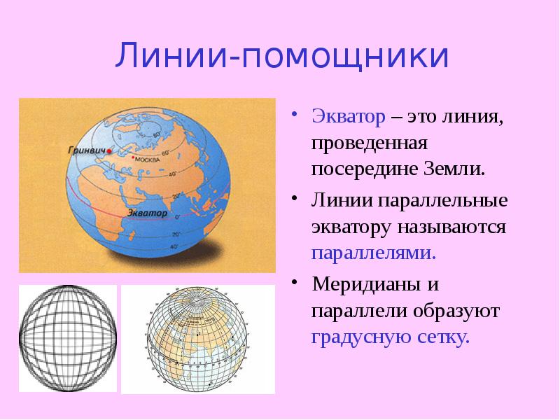 Линии-помощники Экватор – это линия, проведенная посередине Земли. Линии параллельные экватору