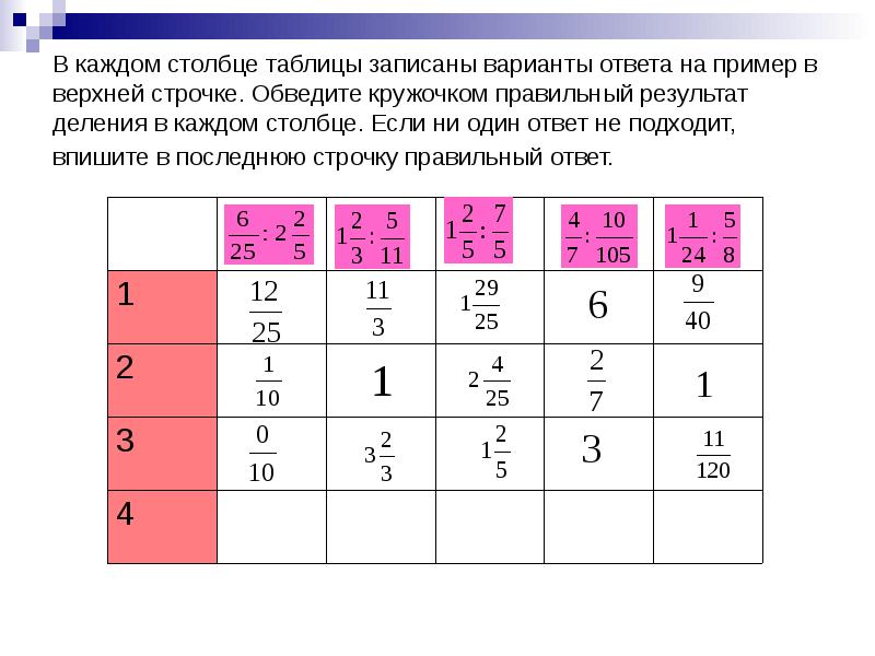 Столбцы таблице пример. В каждом столбце таблицы записаны варианты ответа например. Таблица столбиком. Примеры таблицы столбиком. Результат деления ответ.