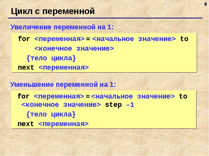 Увеличиваем переменную. Цикл с переменной for. Цикл для презентации. Цикл с уменьшением переменной.. Циклы с переменной тест.