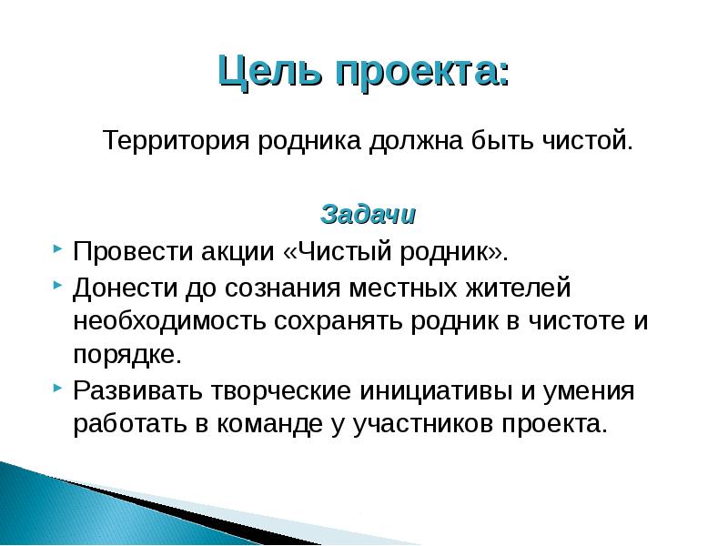 Должен быть чистым. Презентация проекта на тему чистый Родник. Проект на тему Родники. Цель для проекта Родник. Цель проекта живи Родник.