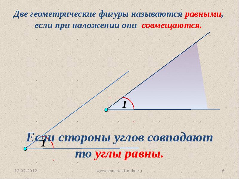 Сравнение равных углов. Два угла называются равными если. Два угла называются равными, если они совпадают при наложении. Две геометрические фигуры называются равными если. Фигуры называются равными если.