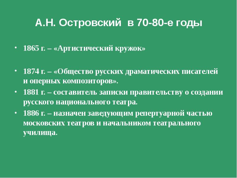 Островский артистический кружок. Островский 1874. Островский а.н артистический кружок. Островский 70-80 годы кратко.