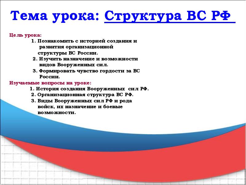 Тема урока: Структура ВС РФ   Цель урока:  