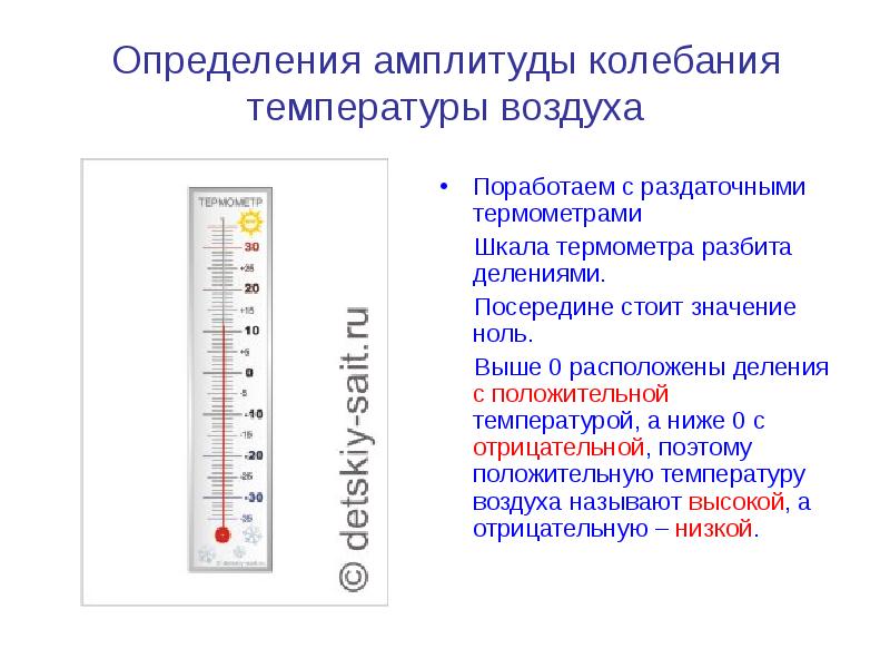 Определения амплитуды колебания температуры воздуха Поработаем с раздаточными термометрами  