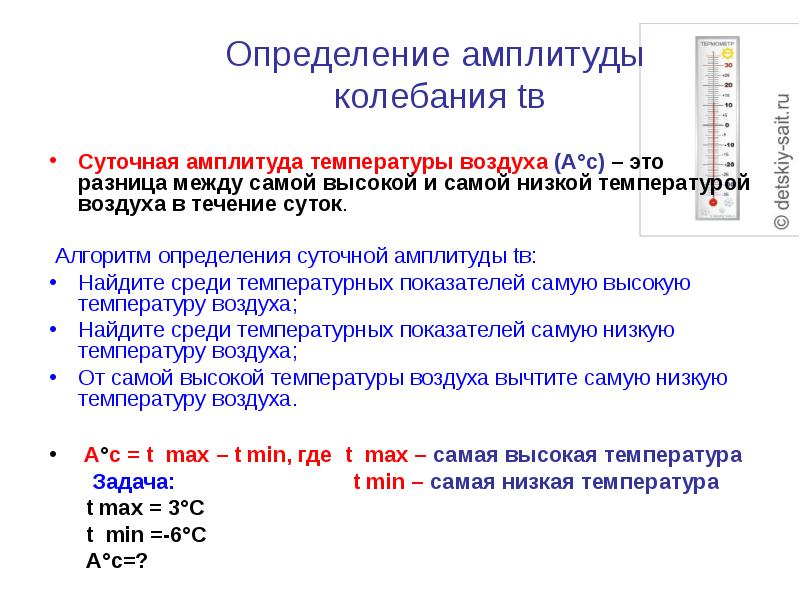 Определение амплитуды  колебания tв Суточная амплитуда температуры воздуха (А°с) –