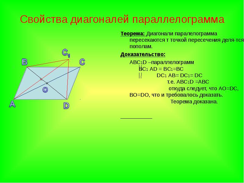 Докажи теорему параллелограмма. Сформулируйте свойство диагоналей параллелограмма.. Теорема о свойстве диагоналей параллелограмма. Свойство диагоналей параллелограмма доказательство. Теорема равенства диагоналей параллелограмма.