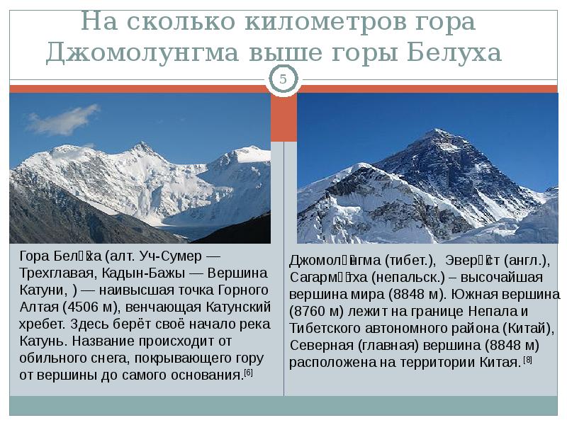 На сколько километров гора Джомолунгма выше горы Белуха На сколько километров гора Джомолунгма выше горы Белуха