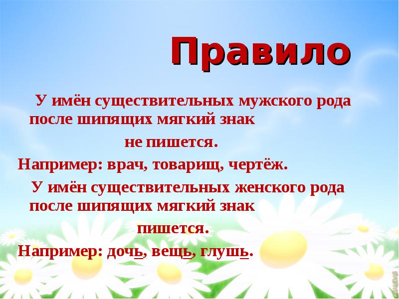 На конце имен существительных мужского рода. После шипящих на конце имен существительных мужского рода. Сущ жен рода после шипящих мягкий знак. На конце существительных женского рода пишется мягкий.