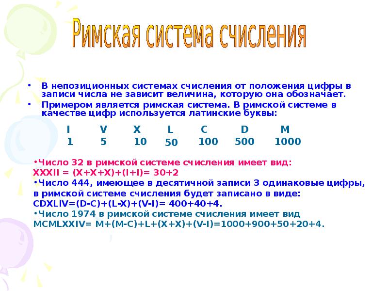 Римская непозиционная система счисления. Алфавит непозиционной системы счисления. Недостатки римской системы счисления. Буквы в системе счисления. Вывод к презентации системы счисления.