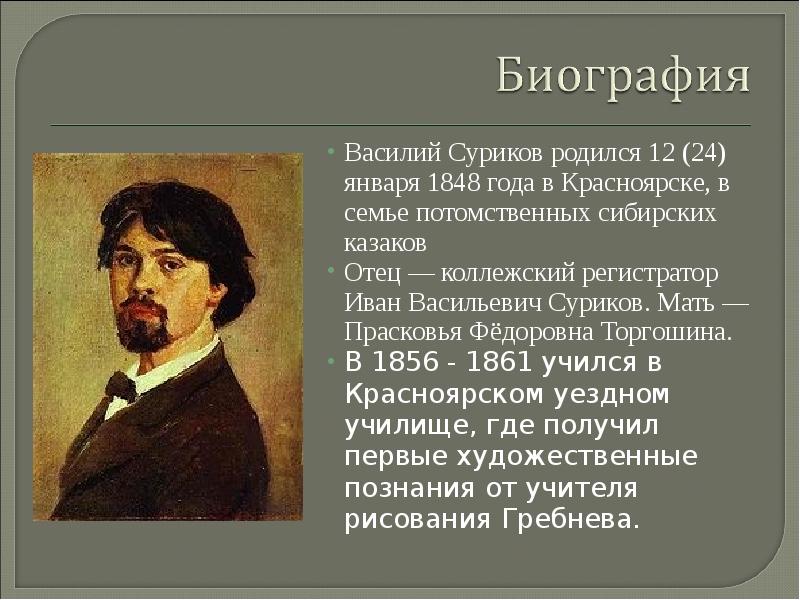 Василий Суриков родился 12 (24) января 1848 года в Красноярске, в