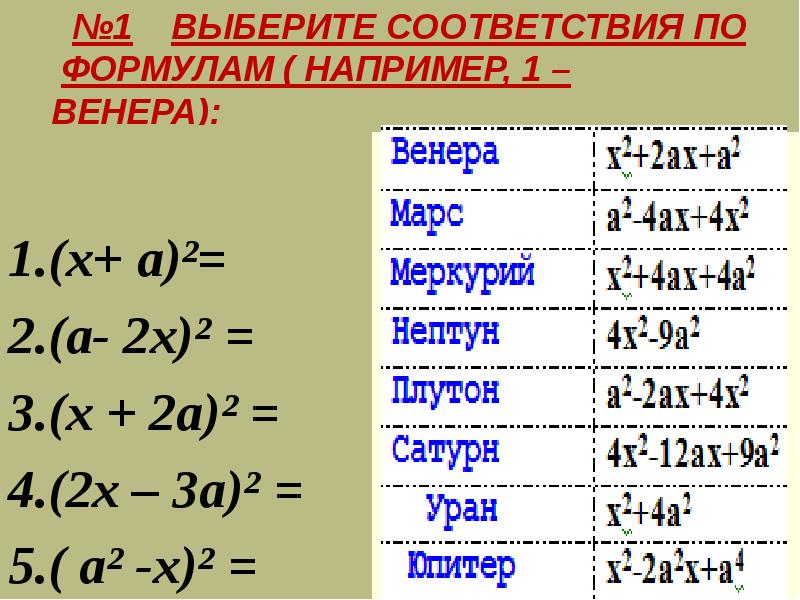 Подберите соответствия. Формулы сокращенного умножения. Формула соответствия. Формула х. Формула х2+3.