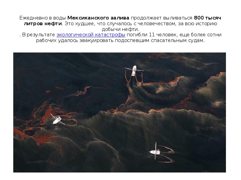 Ежедневно в&nbsp;воды&nbsp;Мексиканского залива&nbsp;продолжает выливаться&nbsp;800 тысяч литров нефти. Это худшее, что случалось