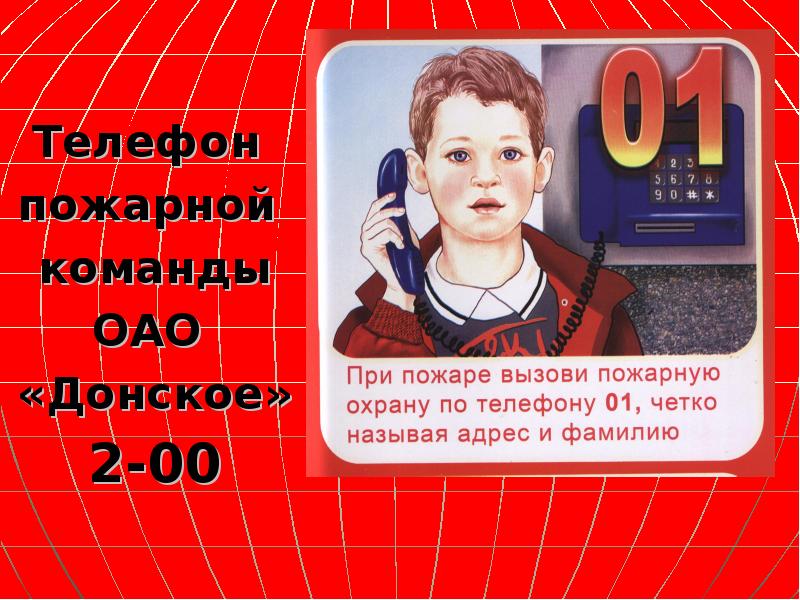 Телефон  Телефон  пожарной  команды ОАО  «Донское» 2-00