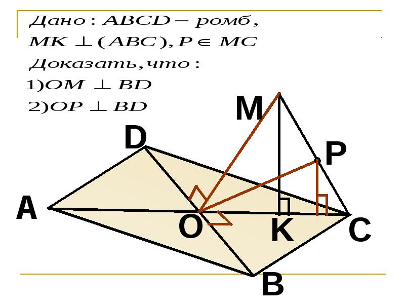 В ромбе abc. Доказательство обобщенной теоремы о трех перпендикулярах. Модель о трех перпендикулярах. Рисунок и дано к теореме о трех перпендикулярах. Как доказать перпендикуляр в ромбе.
