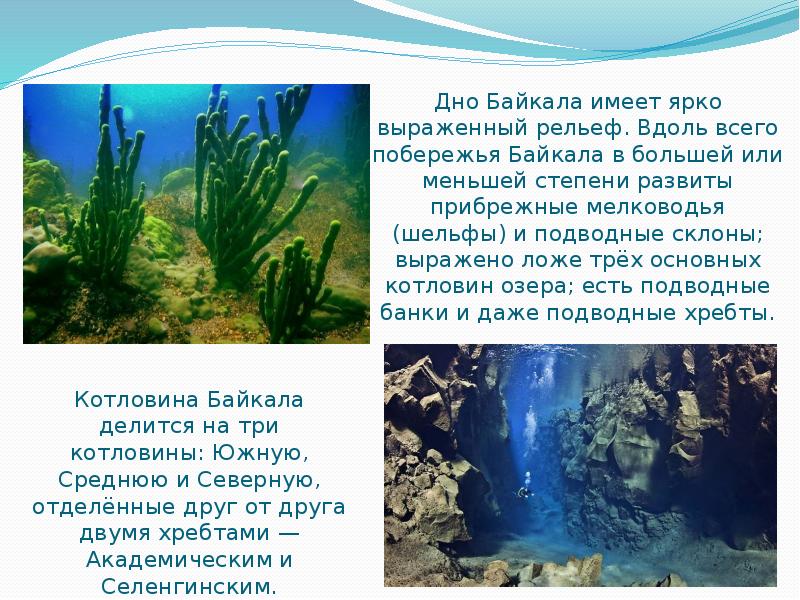 Дно Байкала имеет ярко выраженный рельеф. Вдоль всего побережья Байкала в