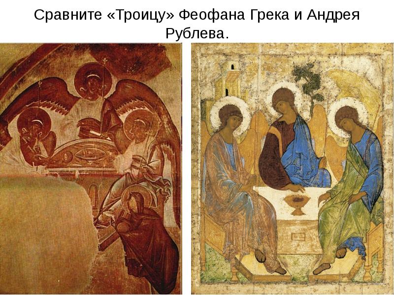 Сравните «Троицу» Феофана Грека и Андрея Рублева.