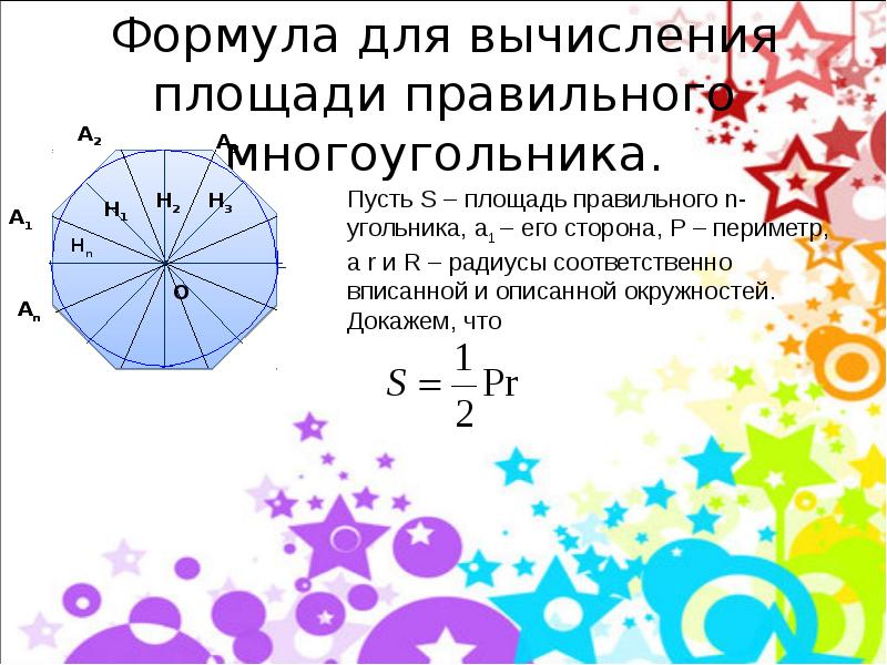 Формула для вычисления площади правильного многоугольника.