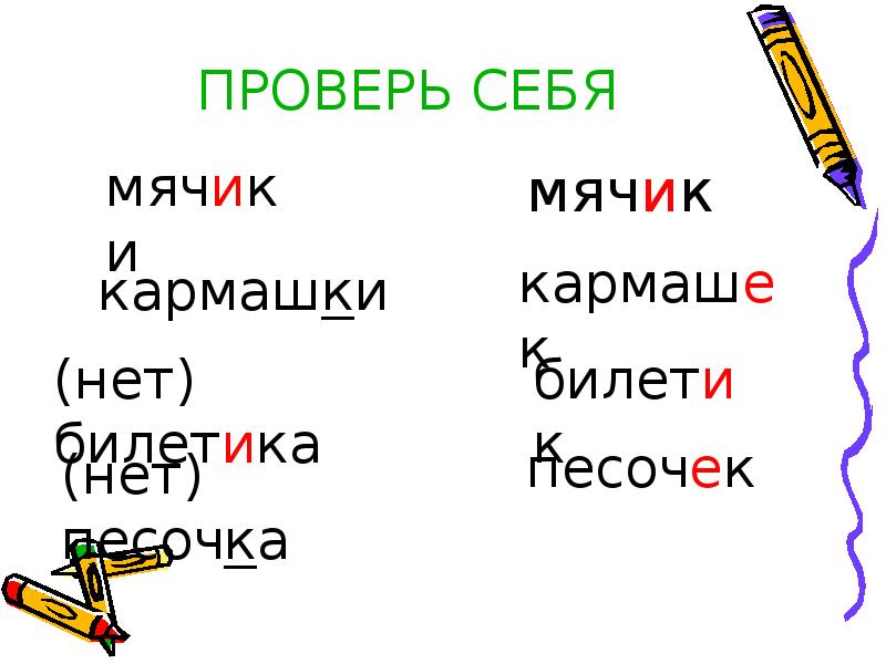 Правописание ек ик. Правописание суффиксов ИК ЕК. Суффиксы ЕК И ИК кармашек. Кармашек суффикс ЕК или ИК. Мячом суффикс.