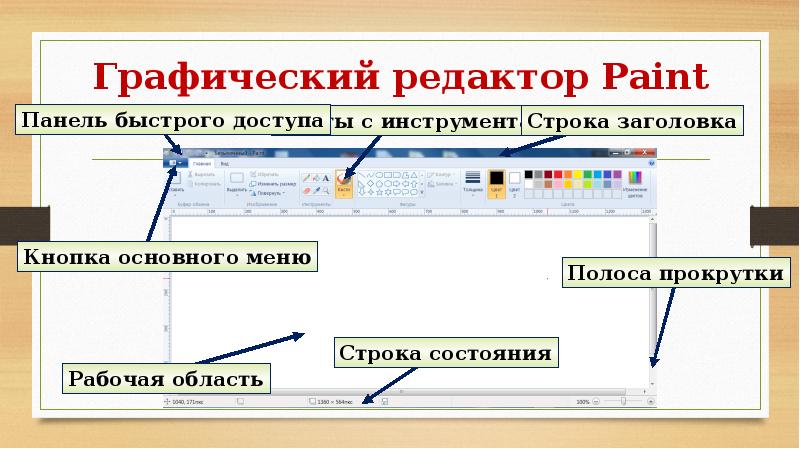 Основные элементы графического меню. Основные элементы графического редактора Paint. Графический редакторпеинт. Окно графического редактора Paint. Графический редактор пейнт.