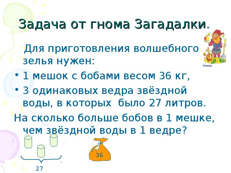 Задача от гнома Загадалки.
Для приготовления волшебного зелья нужен:
Задача от гнома Загадалки.
Для приготовления волшебного зелья нужен: