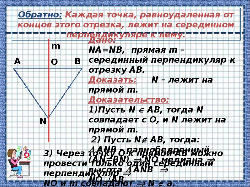 Серединный перпендикуляр равноудалена от концов отрезка. Телрема об серединном перепендиулчре. Теорема о серединном перпендикуляре. Свойства точек равноудаленных от концов отрезка. Докажите теорему каждая точка равноудаленная от концов отрезка.