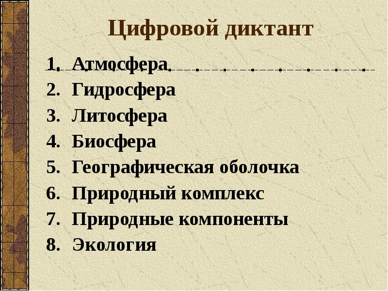 Цифровой диктант
Атмосфера
Гидросфера
Литосфера
Биосфера
Географическая Цифровой диктант
Атмосфера
Гидросфера
Литосфера
Биосфера
Географическая