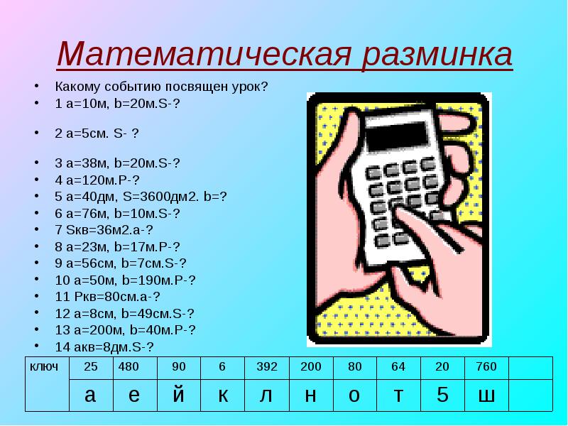 Математическая разминка
Какому событию посвящен урок?
1 a=10м, b=20м.S-? Математическая разминка
Какому событию посвящен урок?
1 a=10м, b=20м.S-?