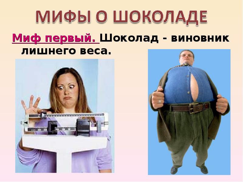 Миф первый. Шоколад - виновник лишнего веса.
Миф первый. Шоколад - виновник лишнего Миф первый. Шоколад - виновник лишнего веса.
Миф первый. Шоколад - виновник лишнего