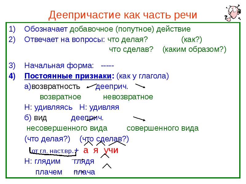 Обозначает добавочное действие. Начальная форма деепричастия. Деепричастие как часть речи. Деепричастие как часть. Деепричастие какмчасть речи.