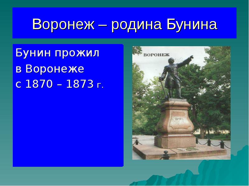 Воронеж – родина Бунина
Бунин прожил
Воронеж – родина Бунина
Бунин прожил