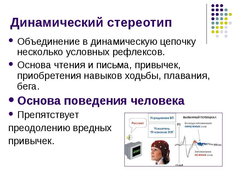 Динамический стереотип Объединение в динамическую цепочку несколько условных рефлексов. Основа чтения
