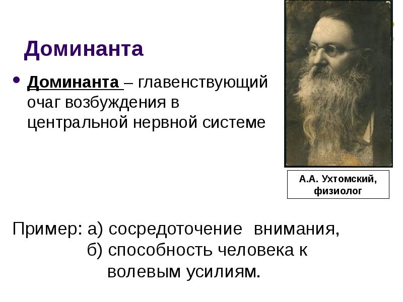 Доминанта  Доминанта – главенствующий очаг возбуждения в центральной нервной системе