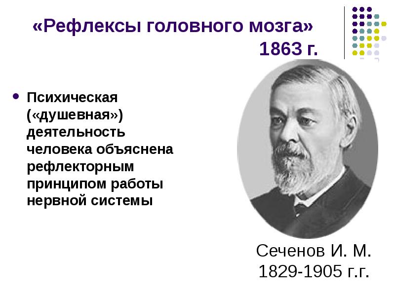 «Рефлексы головного мозга»  1863 г. Психическая («душевная») деятельность человека объяснена