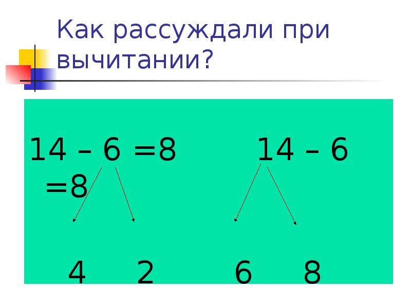 Как рассуждали при вычитании?
14 – 6 =8 Как рассуждали при вычитании?
14 – 6 =8