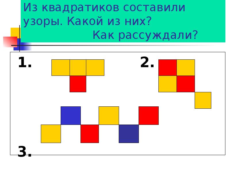 Из квадратиков составили узоры. Какой из них? Из квадратиков составили узоры. Какой из них?