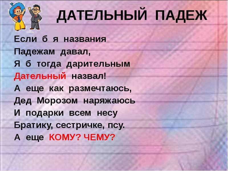 Дательный падеж. Стихотворение про падежи. Падежи в стихах для школьников. Стихотворение про дательный падеж.