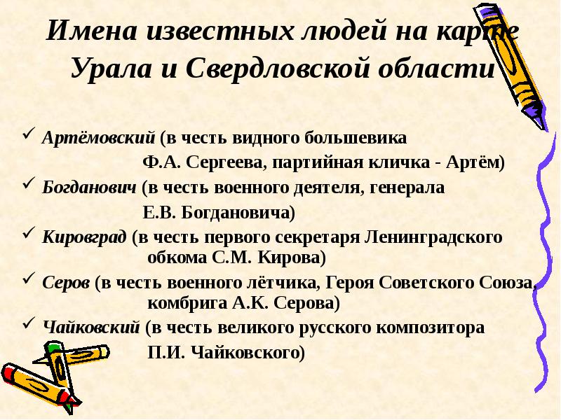Имена известных людей на карте Урала и Свердловской области Артёмовский (в