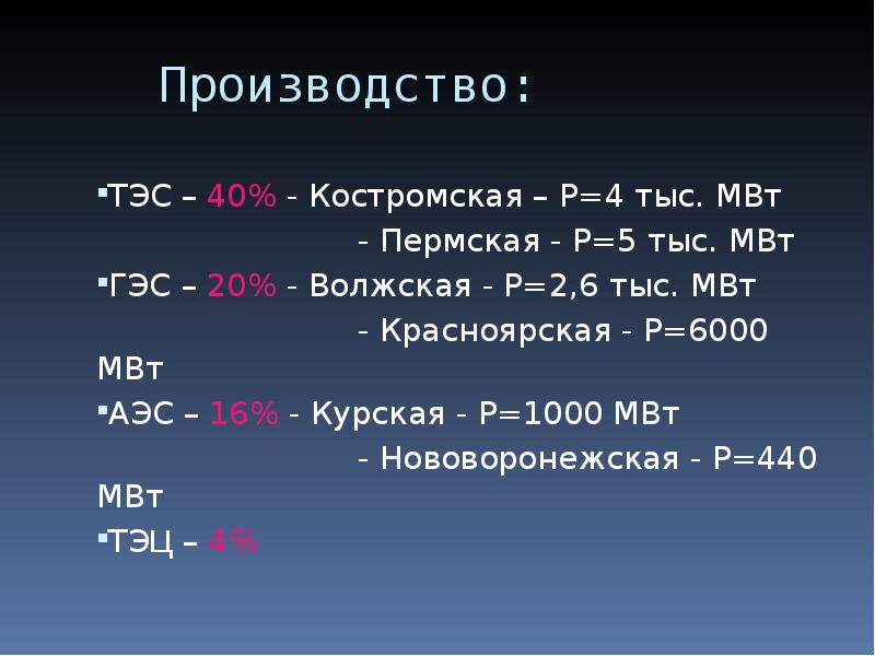 Производство: ТЭС – 40% - Костромская – P=4 тыс. МВт 