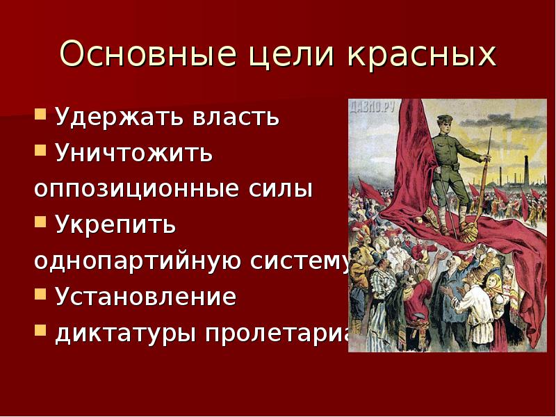 Цели установления диктатуры. Цели белых и красных в гражданской войне. Цели красных в гражданской войне диктатура пролетариата. Пролетариат Гражданская война. Однопартийная диктатура Гражданская война.