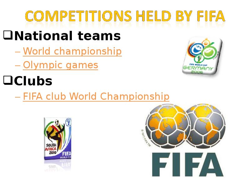 National teams National teams World championship Olympic games Clubs  FIFA