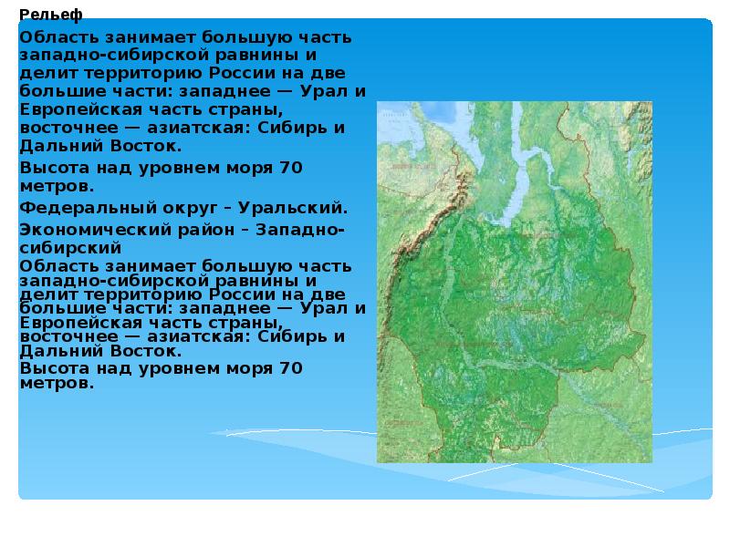 Рельеф Рельеф Область занимает большую часть западно-сибирской равнины и делит территорию