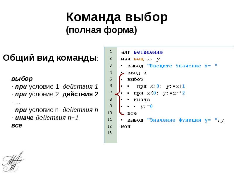 Команда выбор (полная форма)